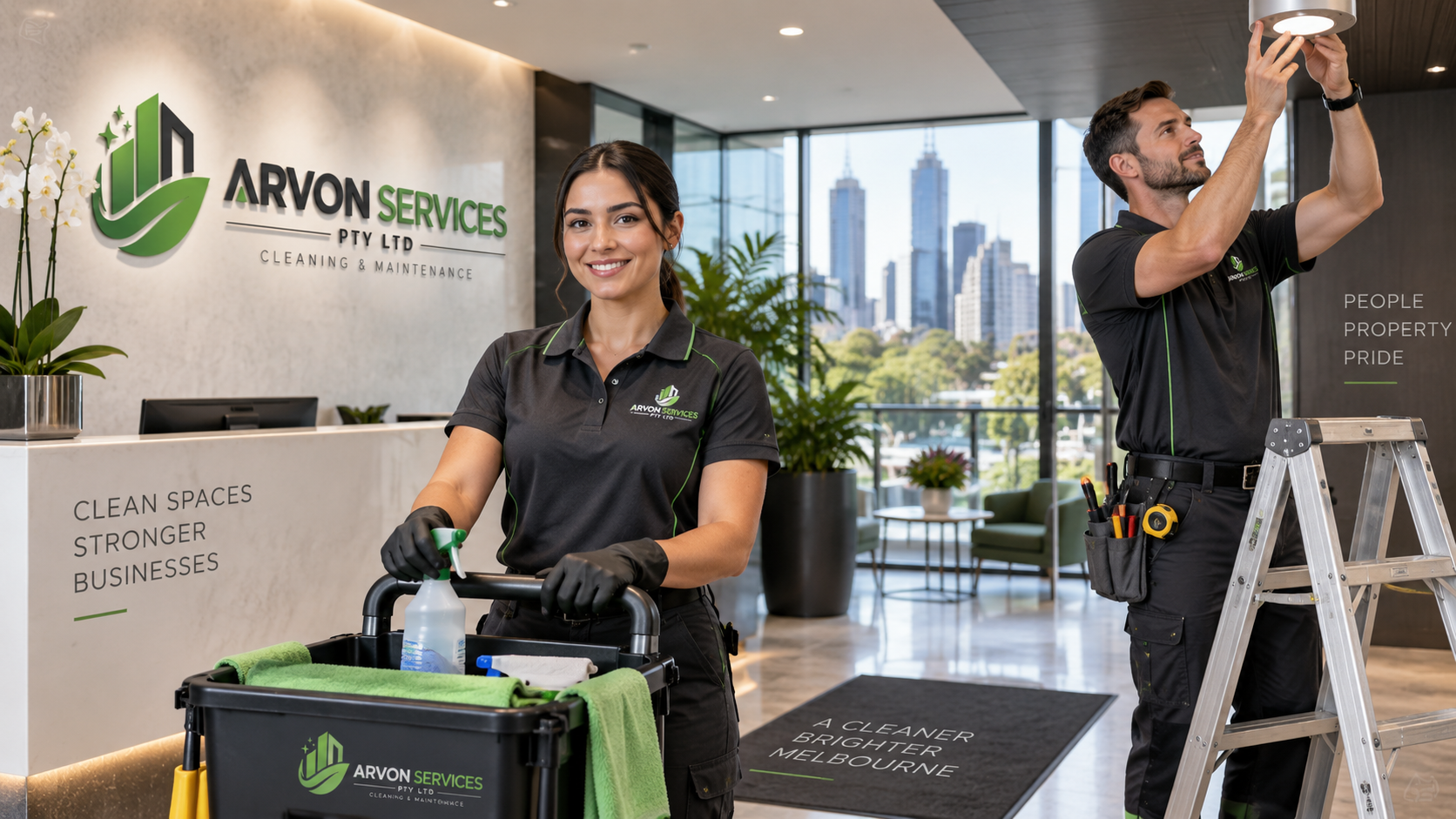 ARVON SERVICES cleaning and maintenance team in a commercial building