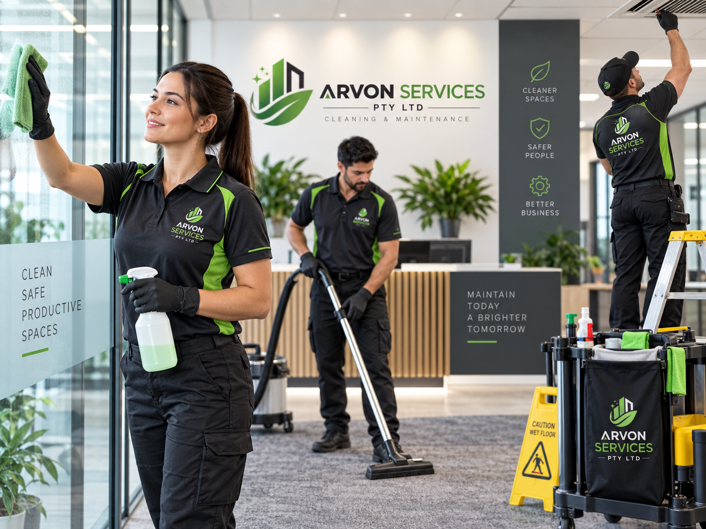 ARVON SERVICES branded cleaning and maintenance team